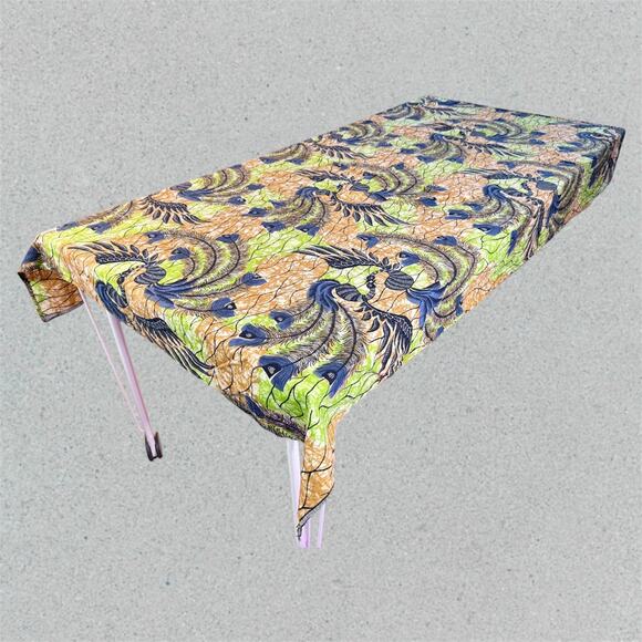 VTG Cotton 66" x 44" Cotton Peacock Guaranteed Wax Print Fabric Tan Blue Green - Picture 2 of 8